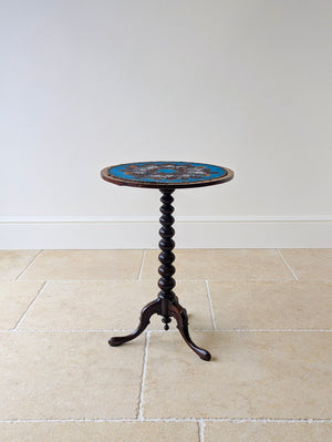 Antique William IV rosewood tripod wine table with an inset turquoise floral glass beadwork panel, a bobbin-turned column, and cabriole legs.