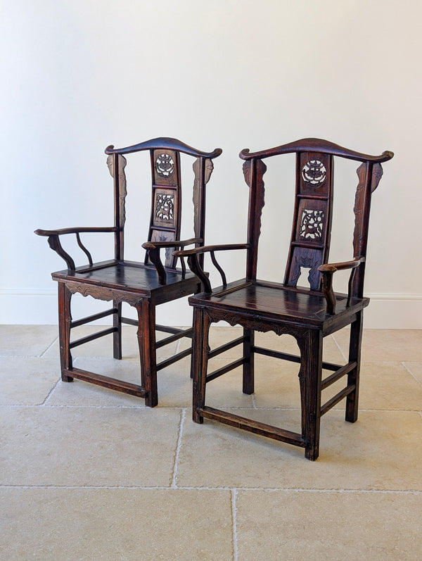 Antique Late Qing Dynasty Pair of Yoke-Back Armchairs c.1890