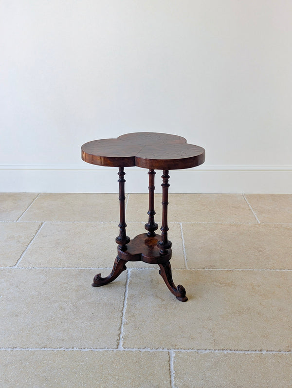 Antique Victorian Burr Walnut Trefoil Occasional Table c.1860
