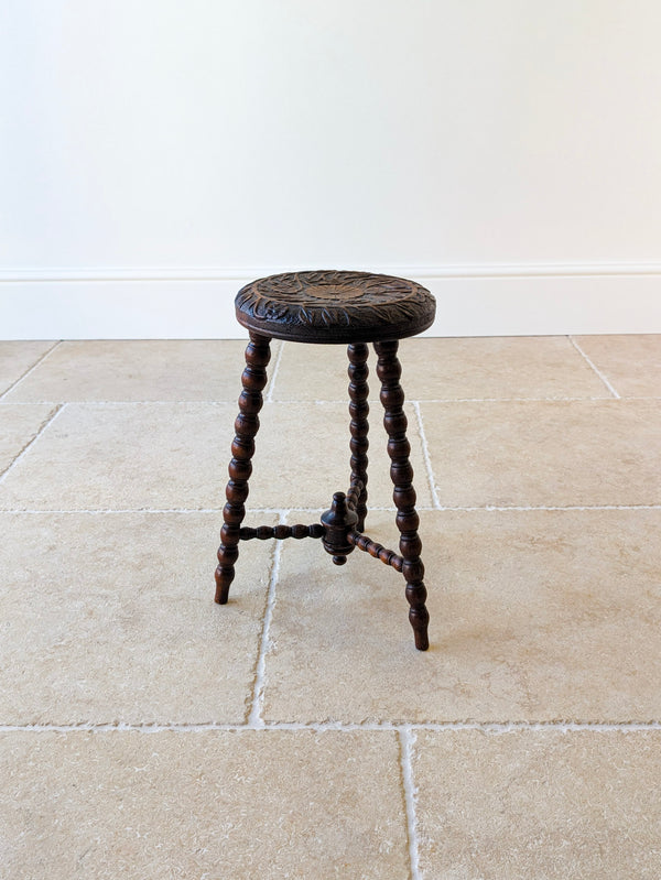 Antique Victorian Carved Oak Tripod Stool c.1890