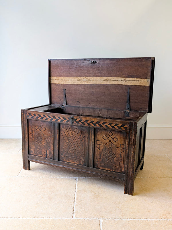 Antique Charles II West Yorkshire Inlaid Oak Coffer c.1680