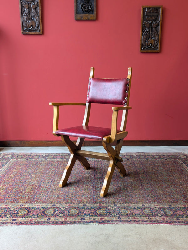 Mid Century Brutalist X-Frame Oak Desk Chair / Elbow Chair