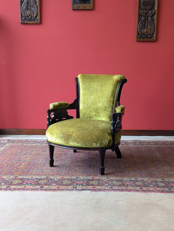 Antique Victorian Green Upholstered Mahogany Easy Chair / Cocktail Chair