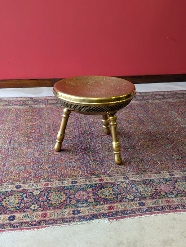 Pair of Antique Early 20th Century Engraved Brass Tripod Stools