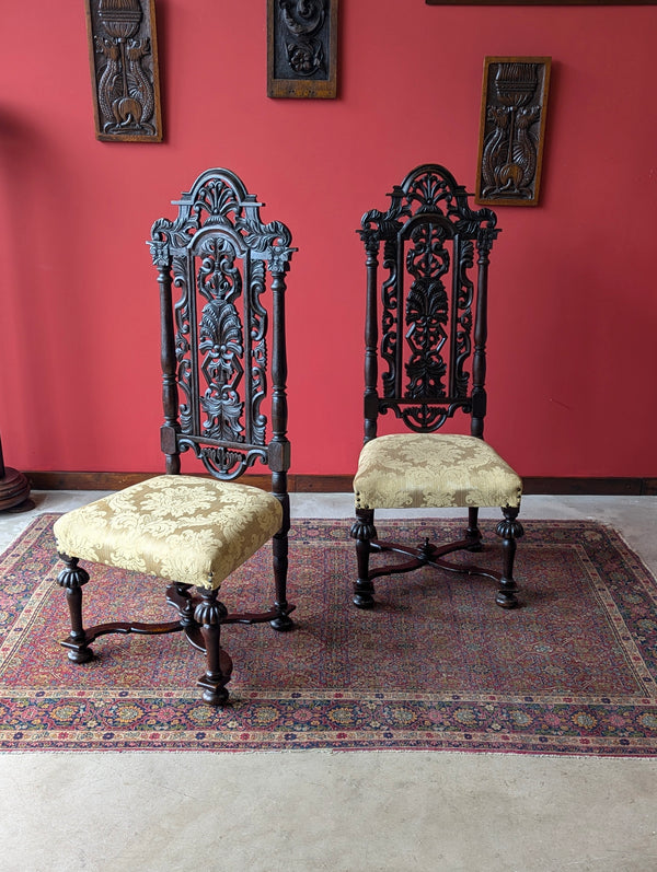 Pair of Antique Late 19th Century Oak William & Mary Style High Back Side Chairs