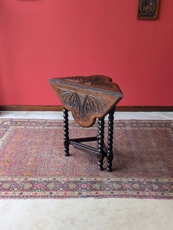 Antique Victorian Carved Oak Bobbin Drop Leaf Occasional Table