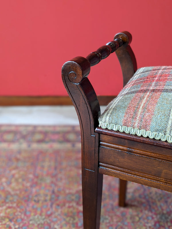 Antique Edwardian Dark Mahogany Tartan Upholstered Piano Stool with Storage