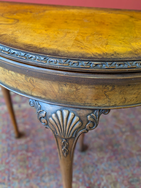 1930’s Burr Walnut Fold Over Demilune Card Table