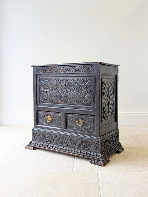Antique Late 17th Century Carved Oak Mule Chest c.1680