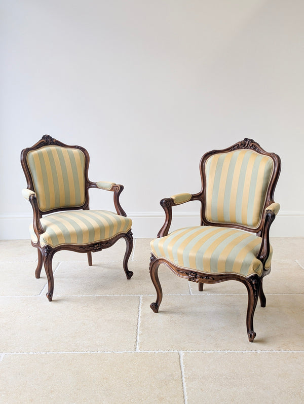 Pair of Antique Victorian Walnut Louis XV Style Open Armchairs c.1880
