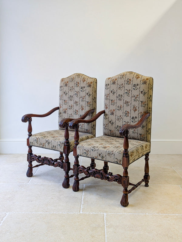 Pair of Antique Victorian Walnut Open Armchairs c.1890