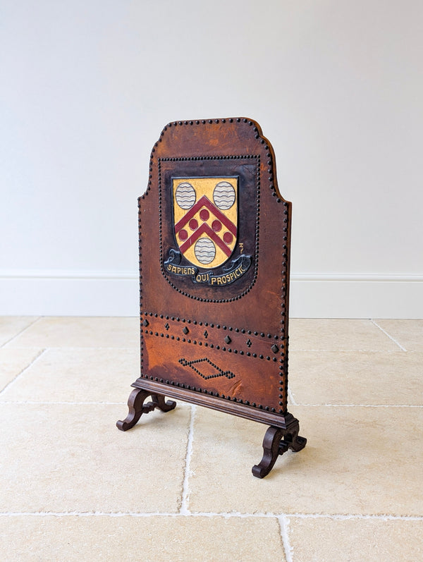 Antique Oak & Leather Malvern College Heraldic Fire Screen c.1920
