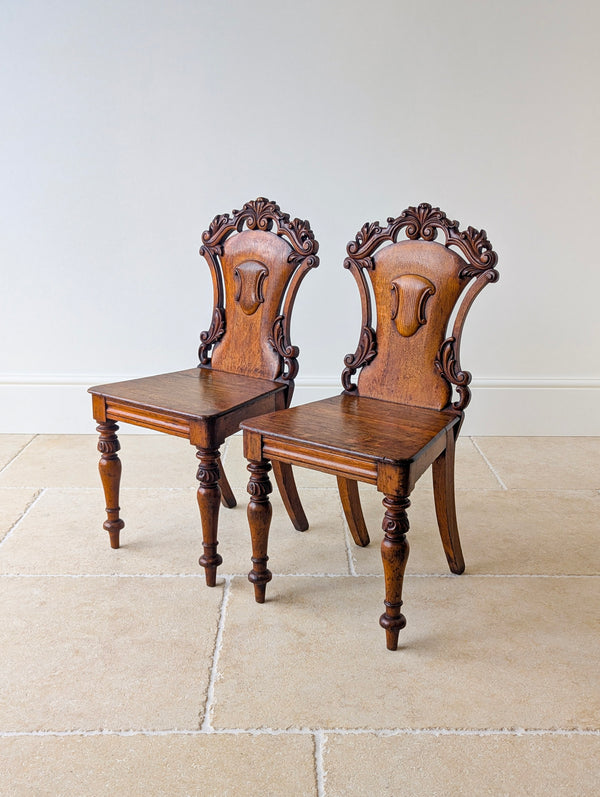 Pair of Antique Victorian Oak Hall Chairs c.1870