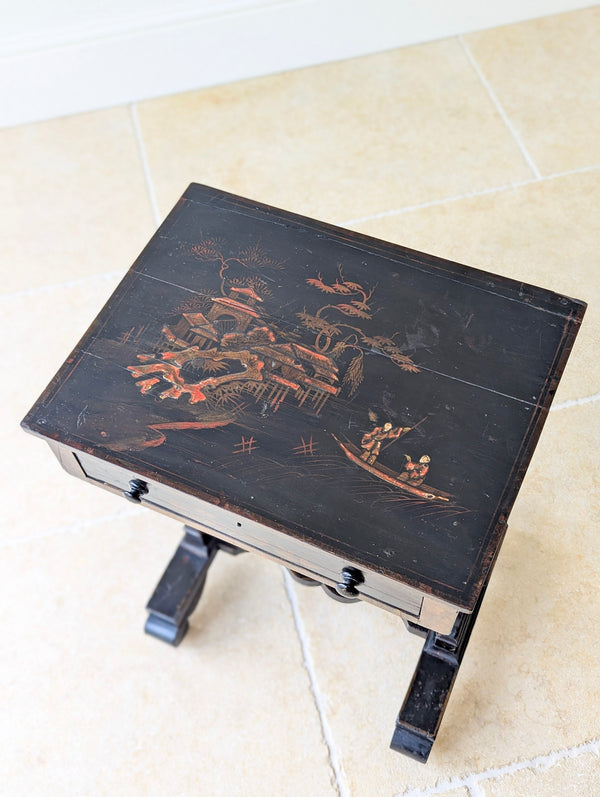 Antique Regency Ebonised Chinoiserie Work Table c.1830