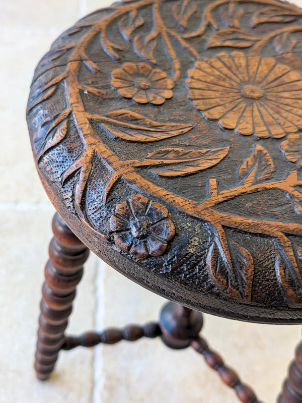 Antique Victorian Carved Oak Tripod Stool c.1890