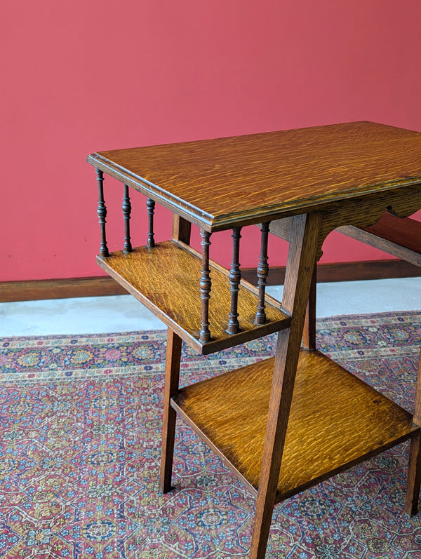 Antique Arts & Crafts Oak Side Table with Bookshelves