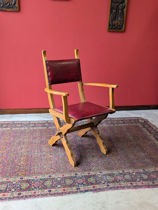 Mid Century Brutalist X-Frame Oak Desk Chair / Elbow Chair