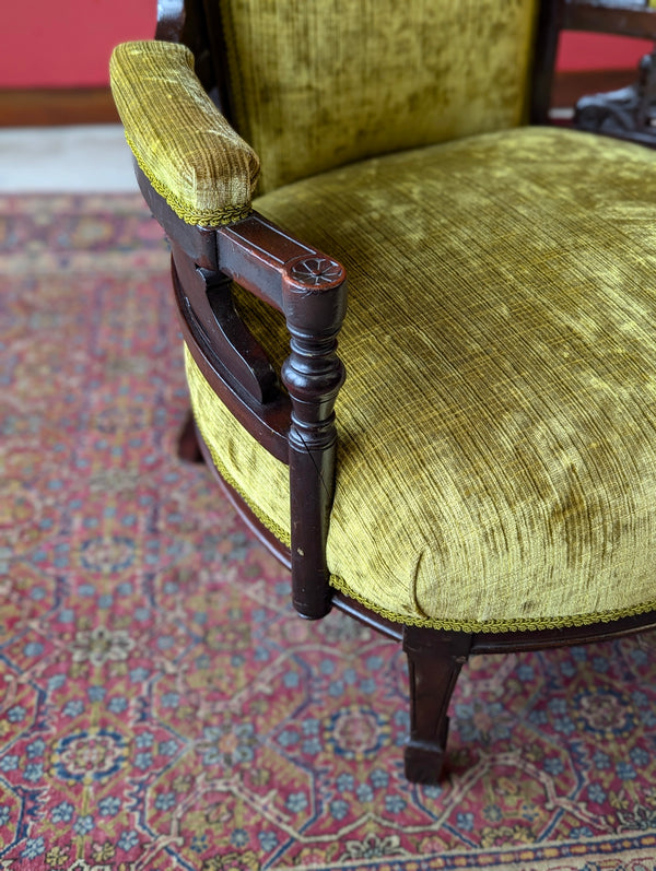 Antique Victorian Green Upholstered Mahogany Easy Chair / Cocktail Chair