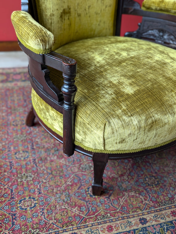 Antique Victorian Green Upholstered Mahogany Easy Chair / Cocktail Chair