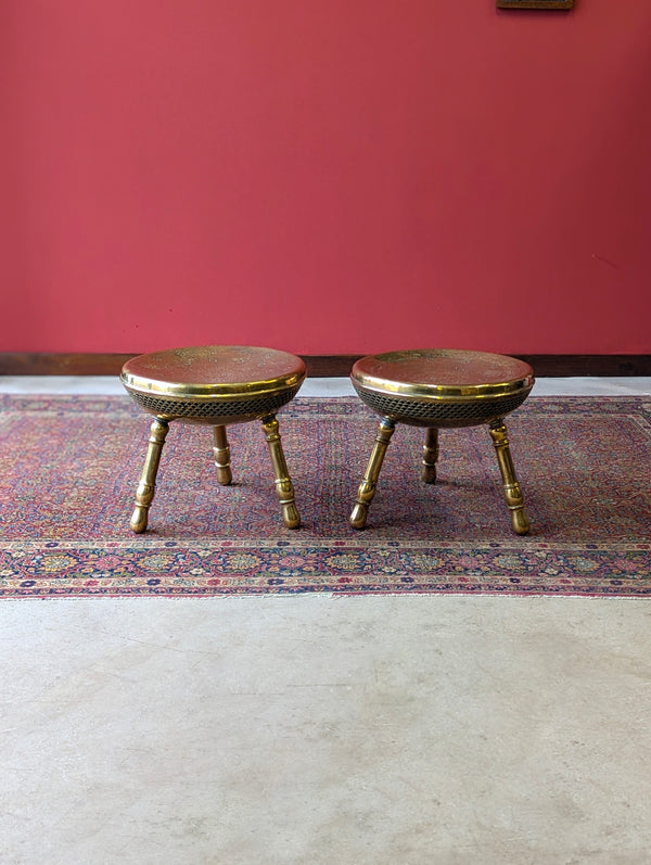 Pair of Antique Early 20th Century Engraved Brass Tripod Stools