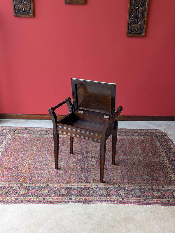 Antique Edwardian Dark Mahogany Tartan Upholstered Piano Stool with Storage