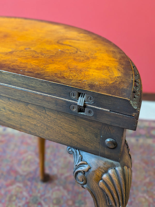 1930’s Burr Walnut Fold Over Demilune Card Table