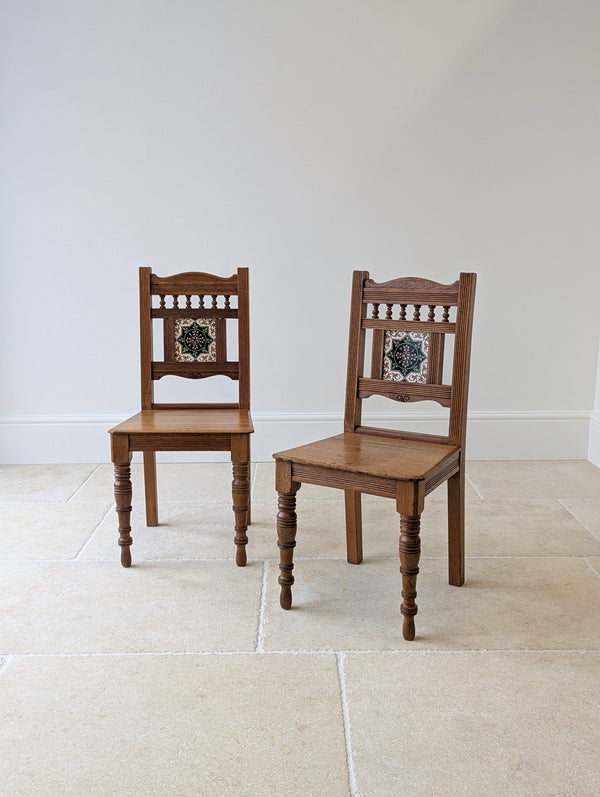 Antique Victorian Oak Side Chairs with Ceramic Tile Backs c.1890