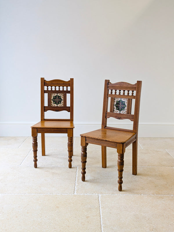 Antique Victorian Oak Tile-Back Hall Chairs c.1890