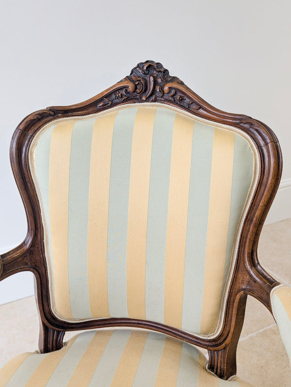 Pair of Antique Victorian Walnut Louis XV Style Open Armchairs c.1880