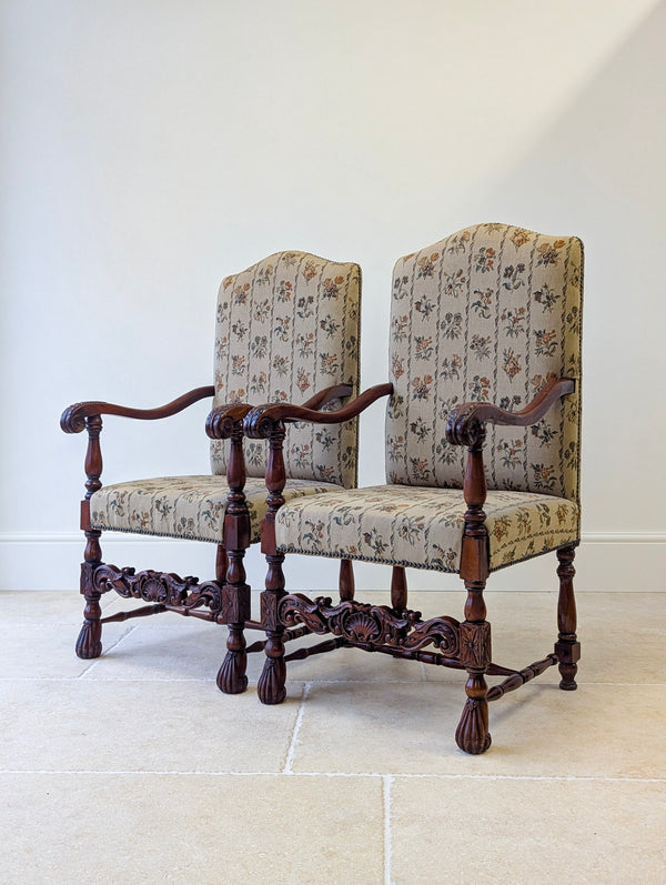 Pair of Antique Victorian Walnut Open Armchairs c.1890