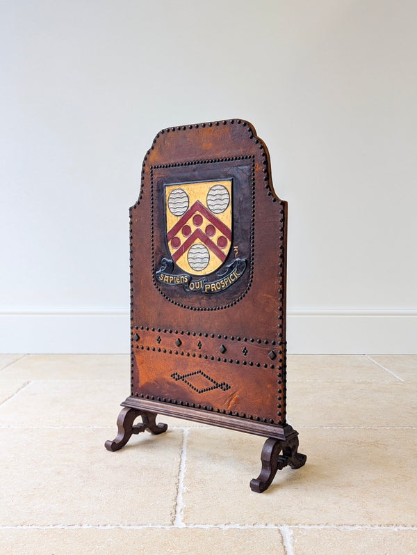 Antique Oak & Leather Malvern College Heraldic Fire Screen c.1920