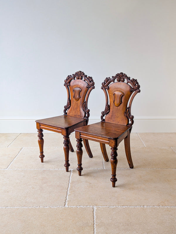 Pair of Antique Victorian Oak Hall Chairs c.1870