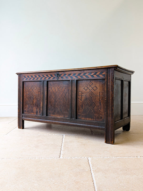 Antique Charles II West Yorkshire Inlaid Oak Coffer c.1680