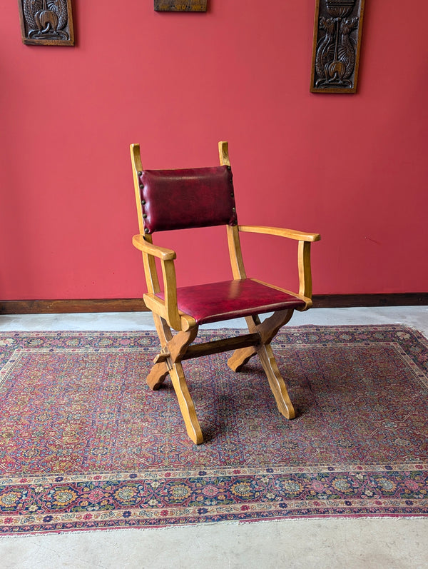 Mid Century Brutalist X-Frame Oak Desk Chair / Elbow Chair