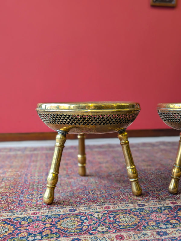 Pair of Antique Early 20th Century Engraved Brass Tripod Stools