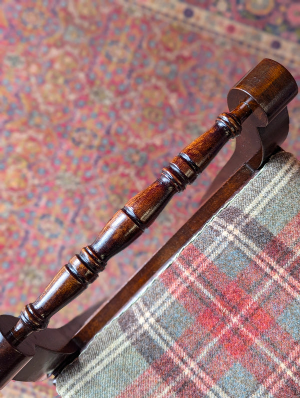 Antique Edwardian Dark Mahogany Tartan Upholstered Piano Stool with Storage