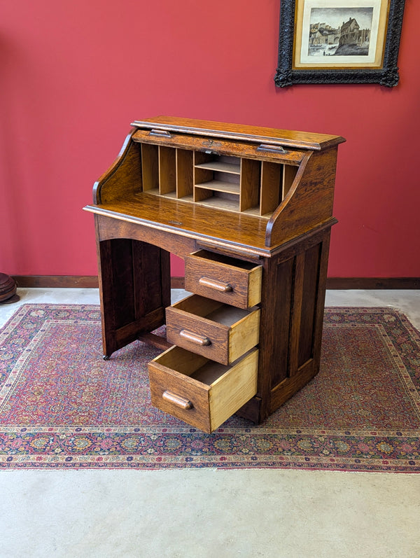 Antique Early 20th Century Golden Oak Roll Top Desk