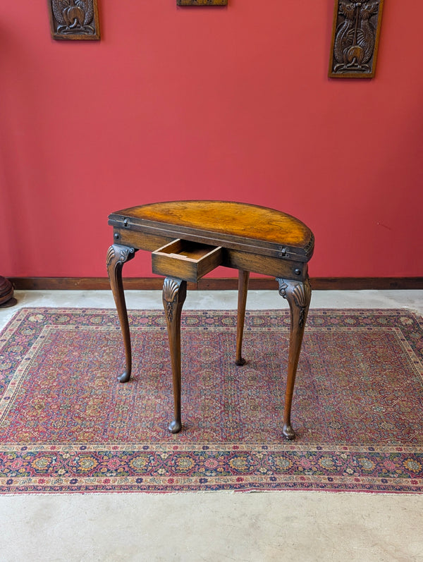 1930’s Burr Walnut Fold Over Demilune Card Table