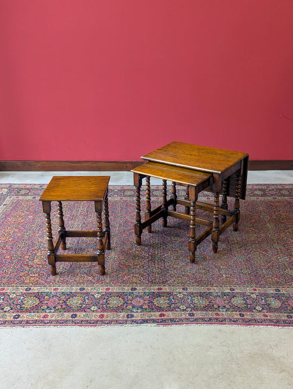 Antique Early 20th Century Oak Bobbin Nest of Tables