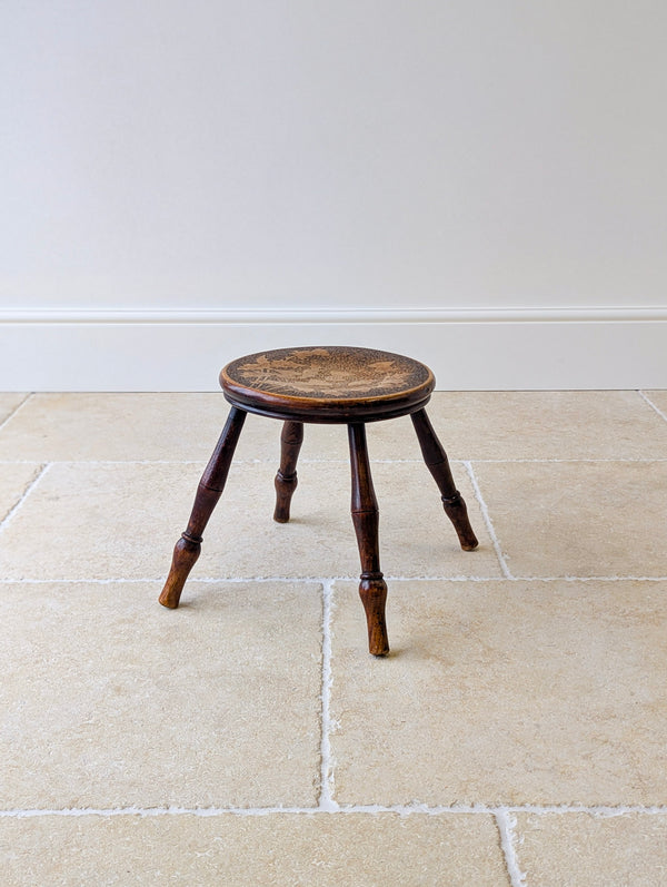 Antique Late Victorian Beech & Ash Pokerwork Stool c.1890