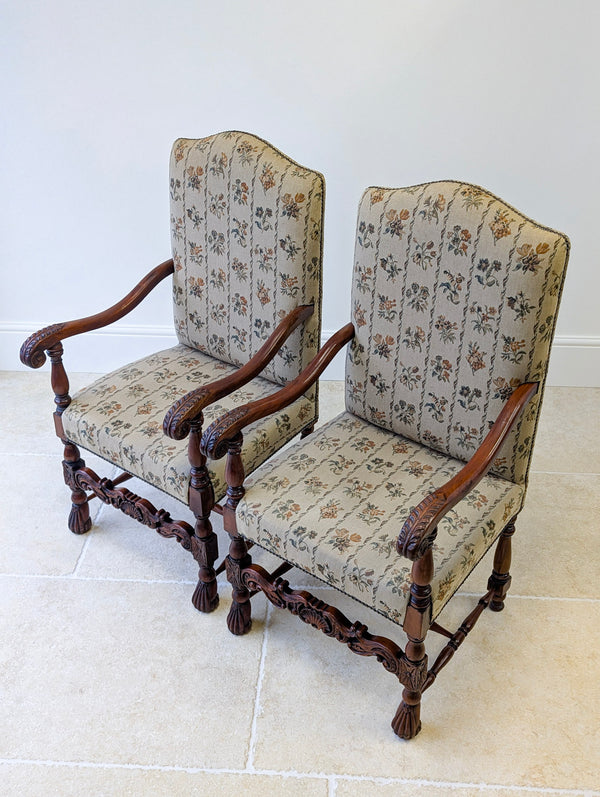 Pair of Antique Victorian Walnut Open Armchairs c.1890
