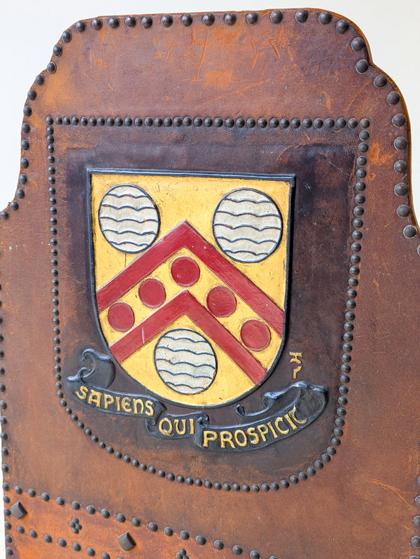 Antique Oak & Leather Malvern College Heraldic Fire Screen c.1920