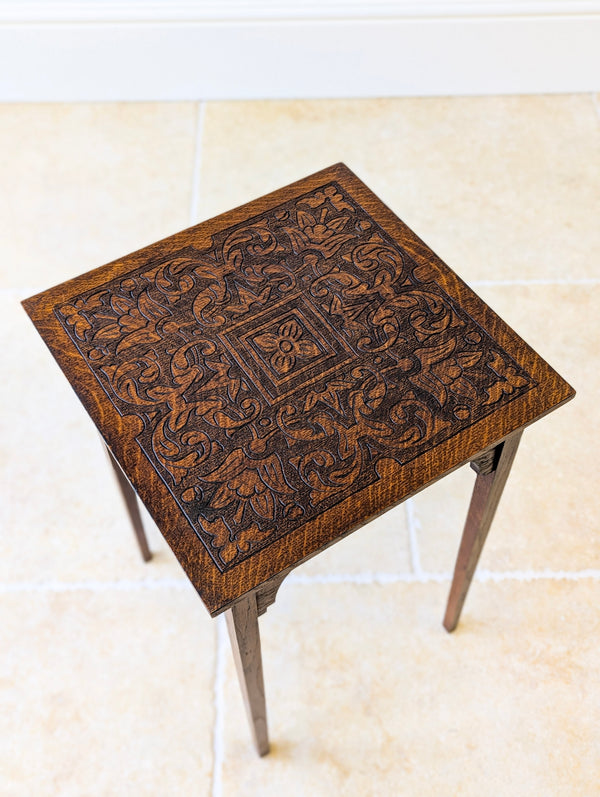 Antique Arts & Crafts Carved Oak Occasional Table c.1900