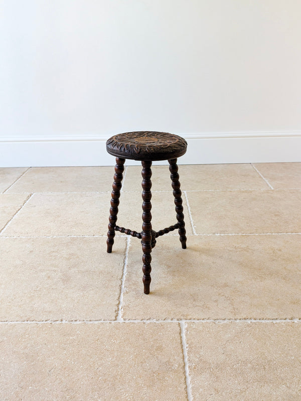 Antique Victorian Carved Oak Tripod Stool c.1890
