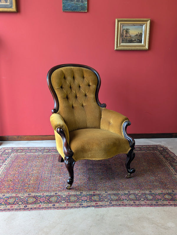 Antique Early Victorian Carved Mahogany Button Back Fireside Gentleman’s Armchair