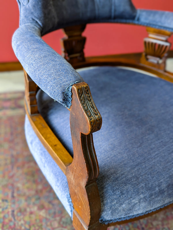 Antique Victorian Mahogany Blue Tub Chair