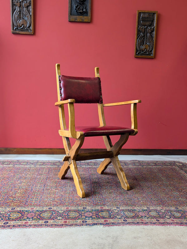 Mid Century Brutalist X-Frame Oak Desk Chair / Elbow Chair