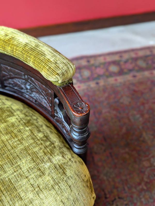 Antique Victorian Green Upholstered Mahogany Easy Chair / Cocktail Chair