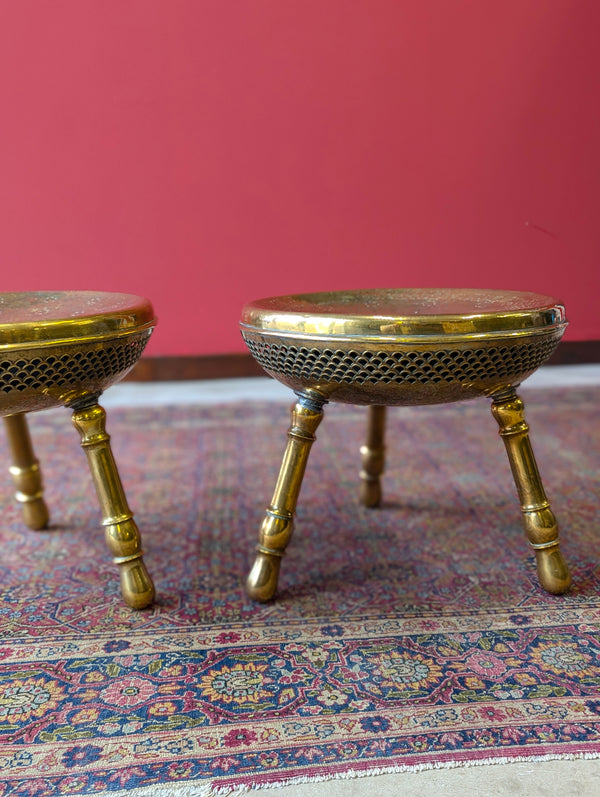 Pair of Antique Early 20th Century Engraved Brass Tripod Stools