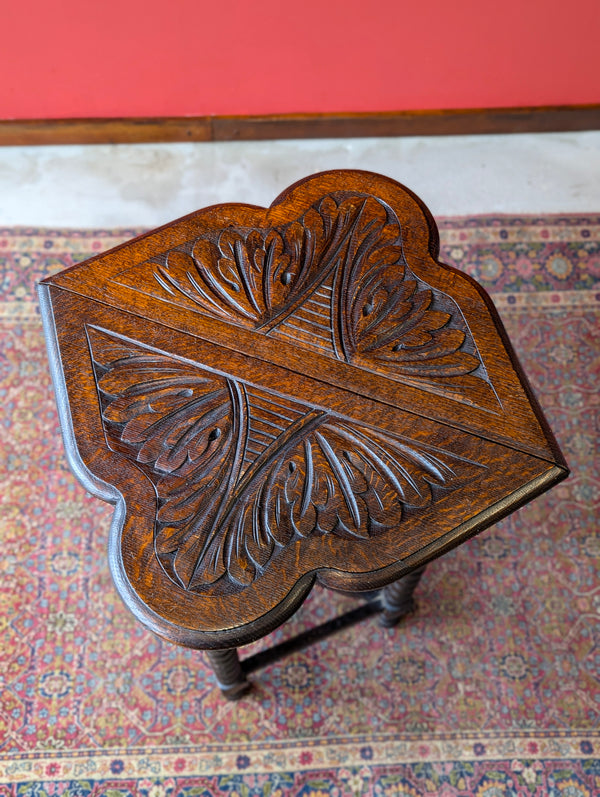 Antique Victorian Carved Oak Bobbin Drop Leaf Occasional Table